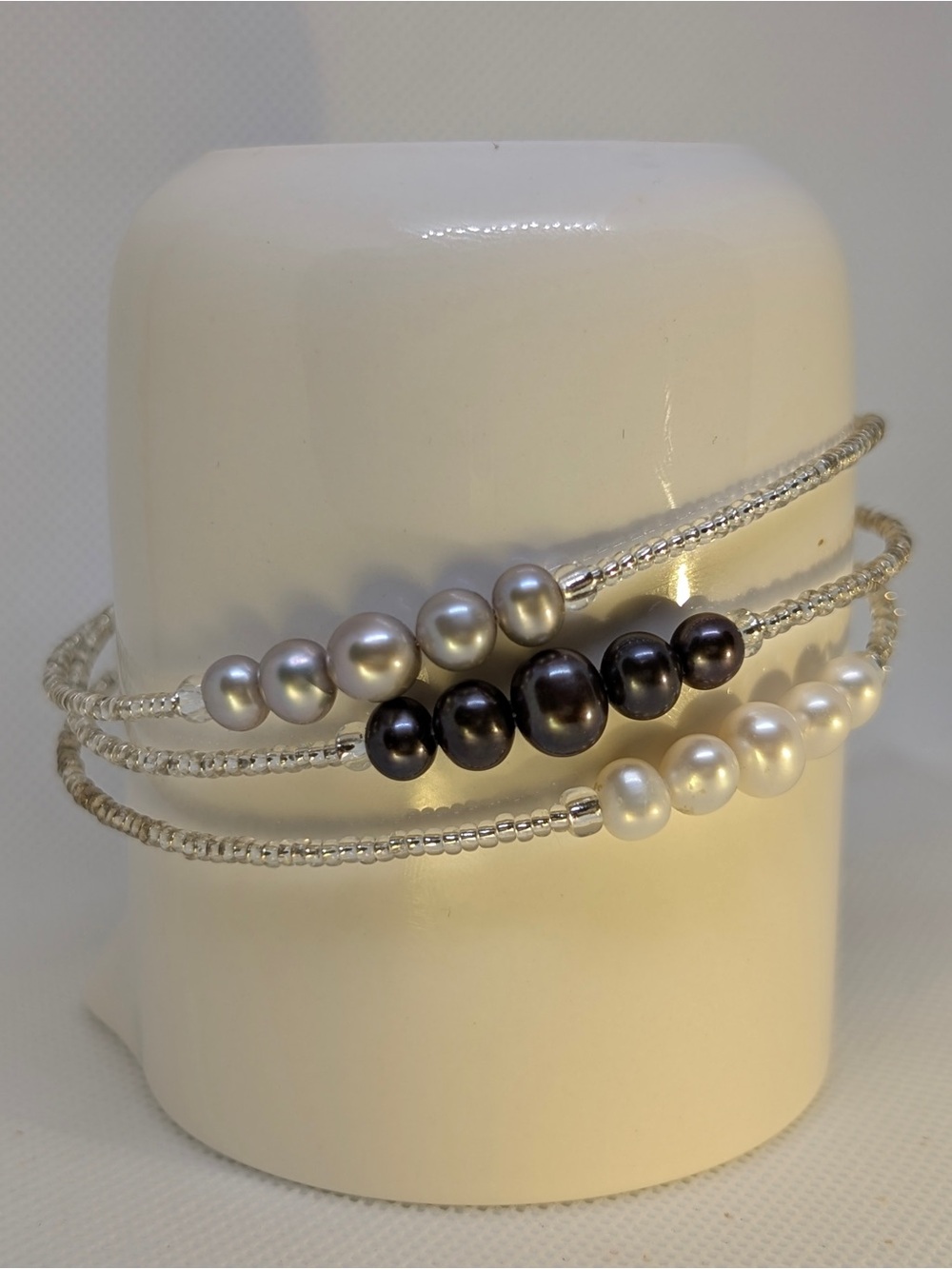JTV Set of 3 MultiColor Sterling Silver Bangle Cultured Freshwater Pearl & Glass